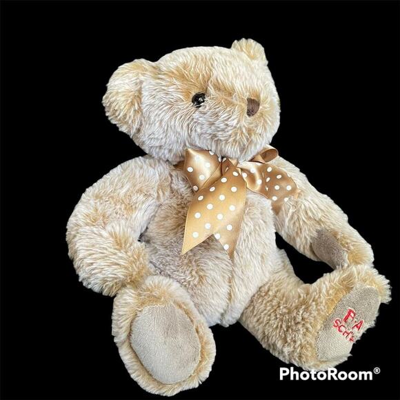 FAO SCHWARZ 9" Tan Stuffed Bear Plushie with Polka Dot Bow NWT - Picture 5 of 7